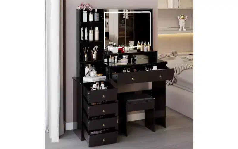 Coiffeuse de maquillage naturelle de 104 cm avec miroir LED tactile, armoire de rangement, meuble latéral et tabouret assorti pour chambre à coucher