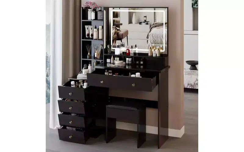 Coiffeuse de maquillage naturelle de 104 cm avec miroir LED tactile, armoire de rangement, meuble latéral et tabouret assorti pour chambre à coucher