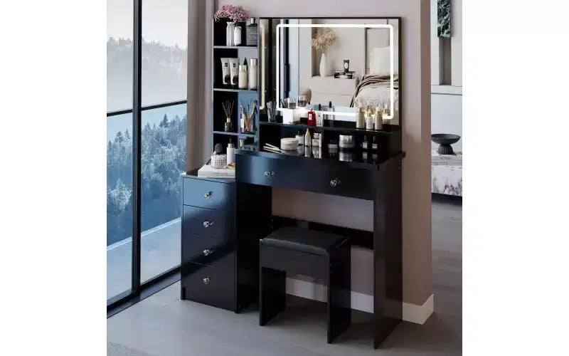 Coiffeuse de maquillage naturelle de 104 cm avec miroir LED tactile, armoire de rangement, meuble latéral et tabouret assorti pour chambre à coucher