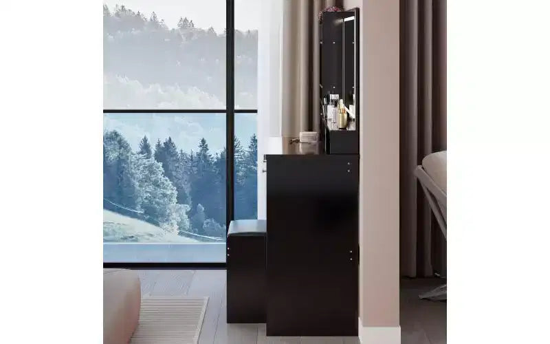 Coiffeuse de maquillage naturelle de 104 cm avec miroir LED tactile, armoire de rangement, meuble latéral et tabouret assorti pour chambre à coucher