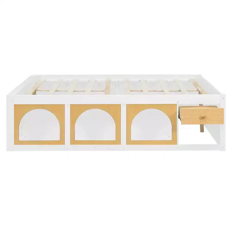 Lit plateforme en bois Polibi avec bibliothèque intégrée à la tête de lit, vitrine LED et tiroir de rangement