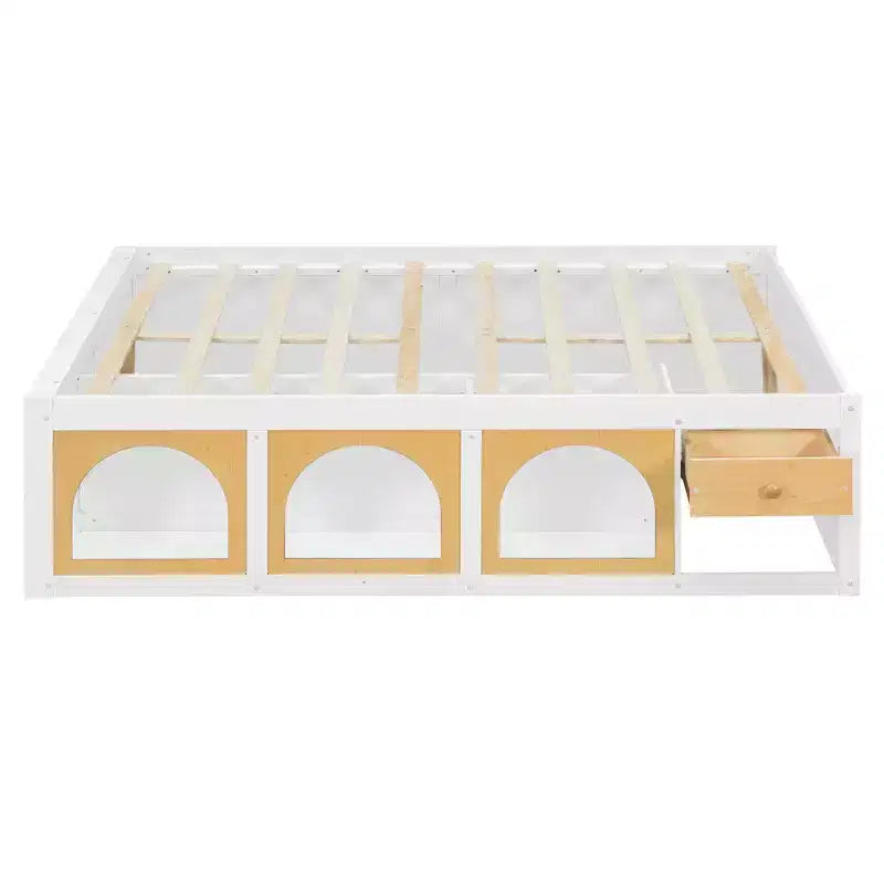 Lit plateforme en bois Polibi avec bibliothèque intégrée à la tête de lit, vitrine LED et tiroir de rangement