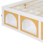 Lit plateforme en bois Polibi avec bibliothèque intégrée à la tête de lit, vitrine LED et tiroir de rangement