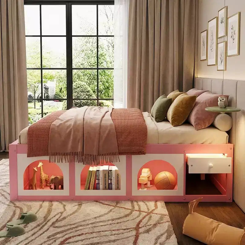 Lit plateforme en bois Polibi avec bibliothèque intégrée à la tête de lit, vitrine LED et tiroir de rangement