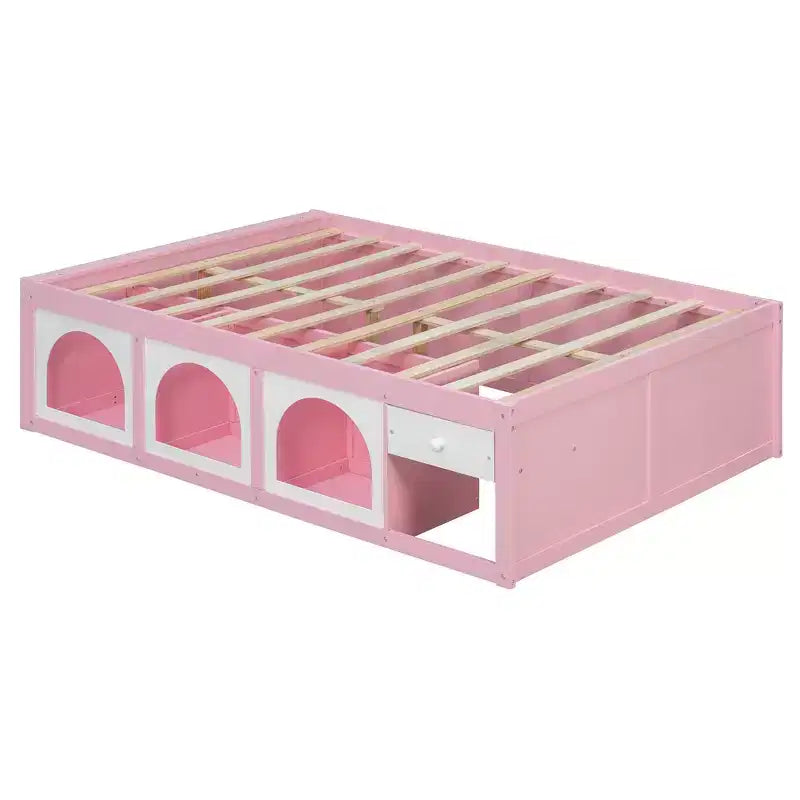 Lit plateforme en bois Polibi avec bibliothèque intégrée à la tête de lit, vitrine LED et tiroir de rangement