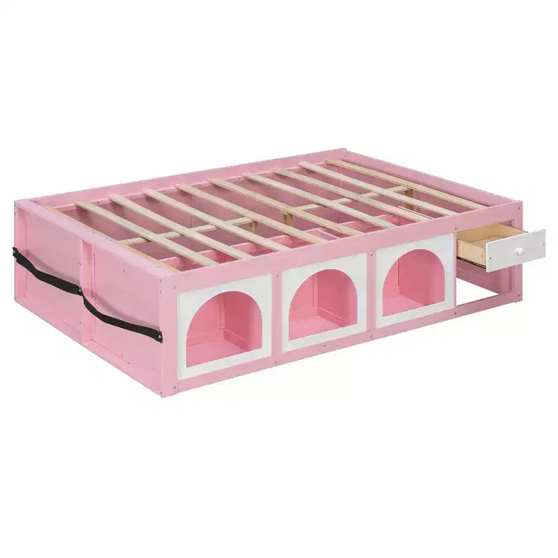 Lit plateforme en bois Polibi avec bibliothèque intégrée à la tête de lit, vitrine LED et tiroir de rangement