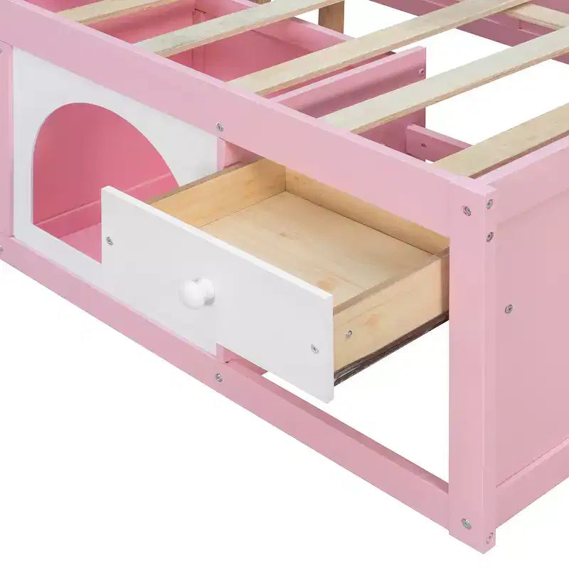 Lit plateforme en bois Polibi avec bibliothèque intégrée à la tête de lit, vitrine LED et tiroir de rangement