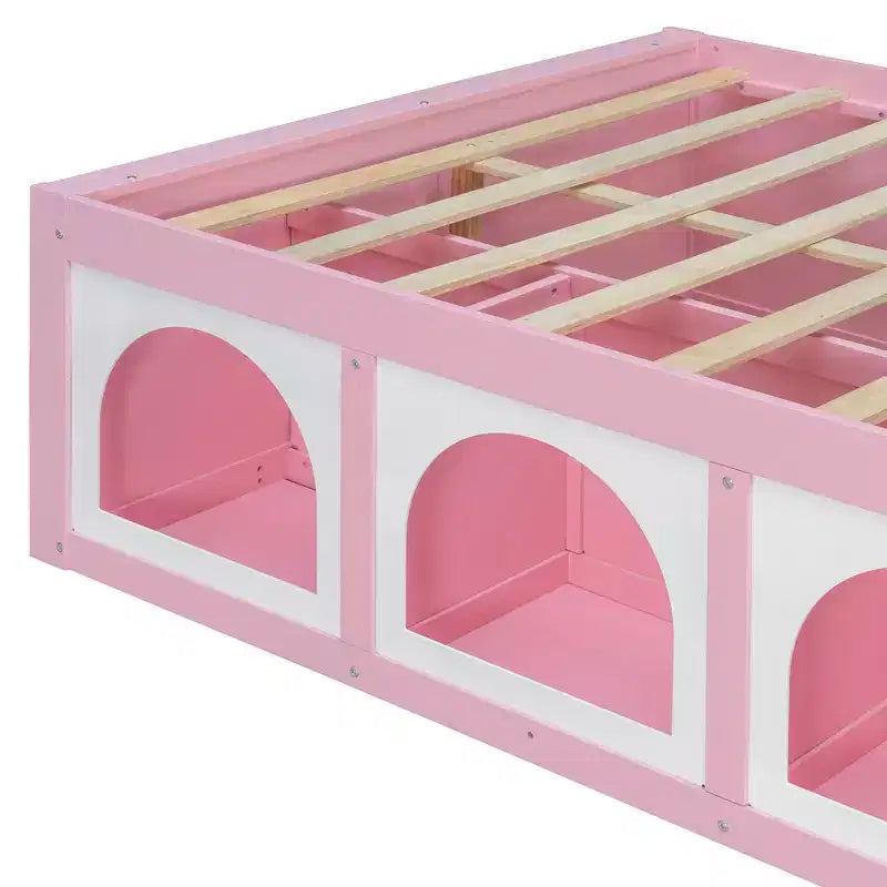 Lit plateforme en bois Polibi avec bibliothèque intégrée à la tête de lit, vitrine LED et tiroir de rangement