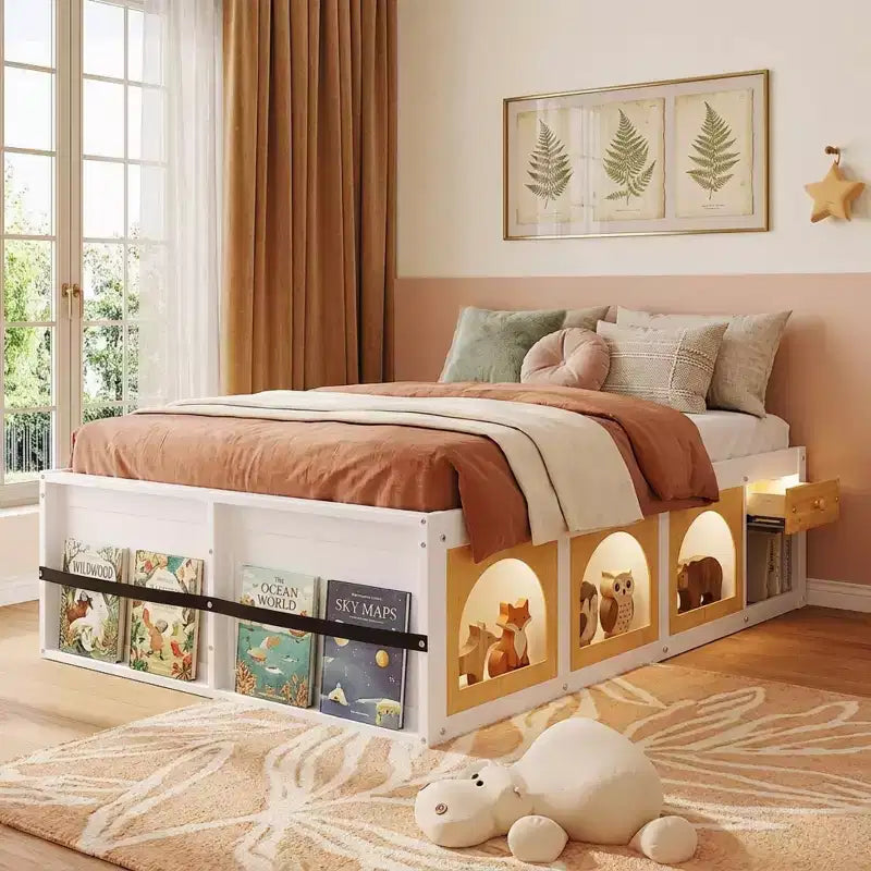 Lit plateforme en bois Polibi avec bibliothèque intégrée à la tête de lit, vitrine LED et tiroir de rangement