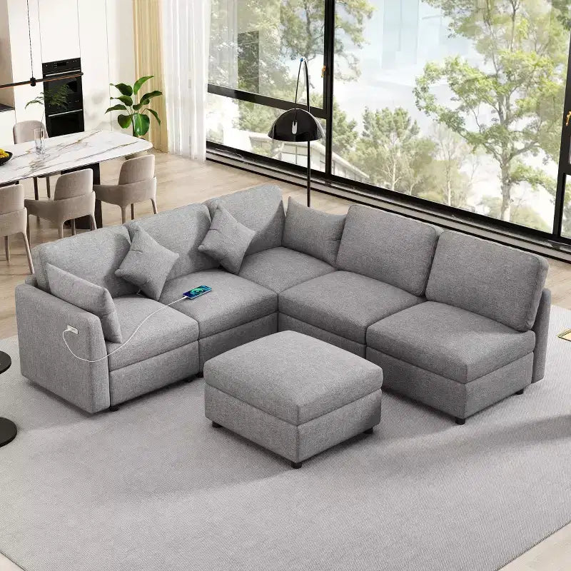 86.6 Canapé Sectionnel Canapé Modulable Canapé-lit Canapé en L avec un Pouf Mobile et Deux Ports USB