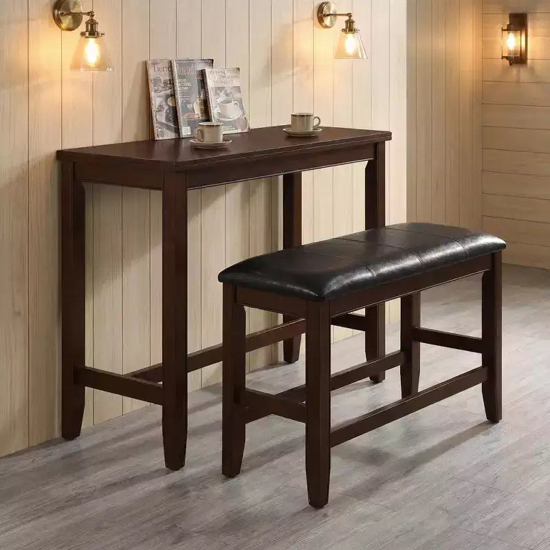 Banc de salle à manger GDFStudio Dawson style ferme en bois à hauteur de comptoir, avec coussin d'assise rembourré en similicuir et repose-pieds.