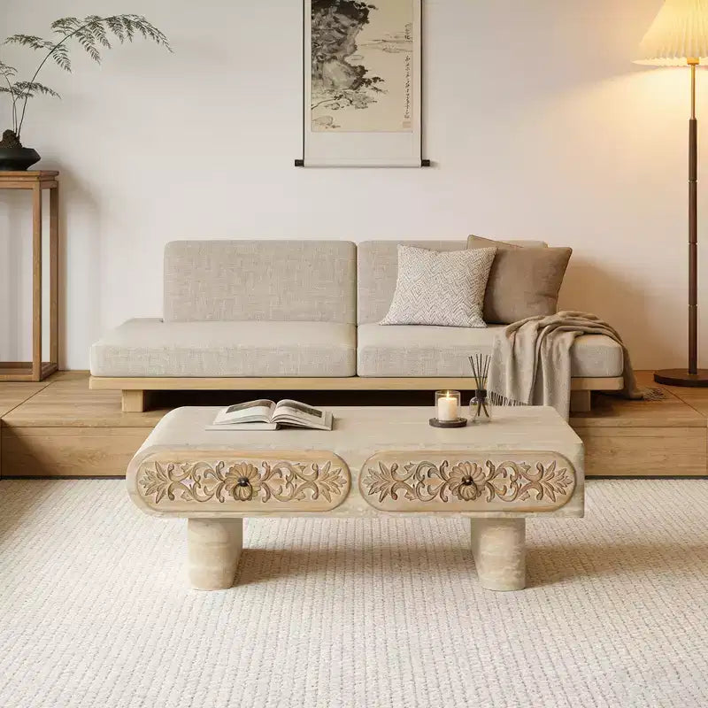 Table basse GDFStudio Amal à bords arrondis modernes avec tiroir floral