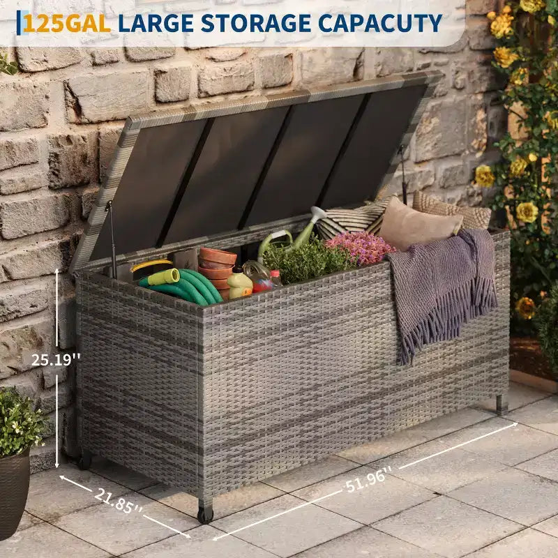 Acekool Coffre de rangement en rotin avec roulettes, couvercle en PP et doublure zippée, pour patio, piscine, jardin