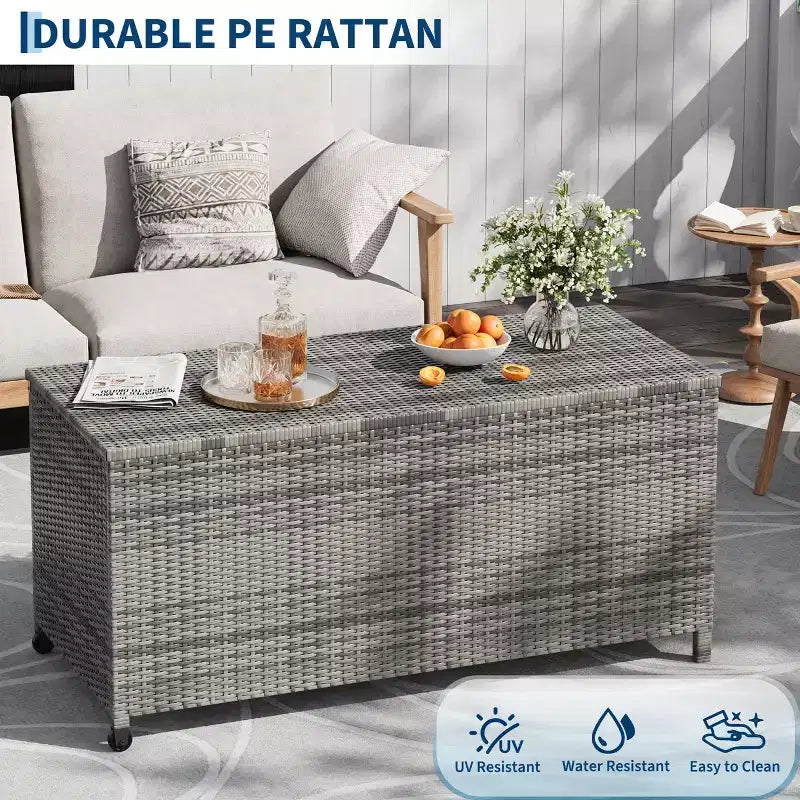 Acekool Coffre de rangement en rotin avec roulettes, couvercle en PP et doublure zippée, pour patio, piscine, jardin