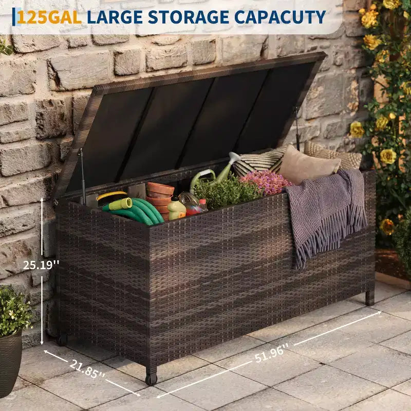 Acekool Coffre de rangement en rotin avec roulettes, couvercle en PP et doublure zippée, pour patio, piscine, jardin