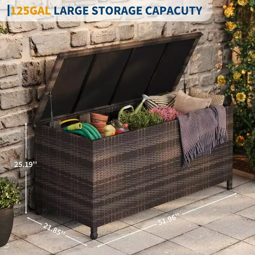 Acekool Coffre de rangement en rotin avec roulettes, couvercle en PP et doublure zippée, pour patio, piscine, jardin