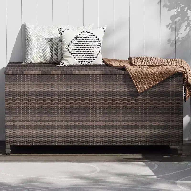 Acekool Coffre de rangement en rotin avec roulettes, couvercle en PP et doublure zippée, pour patio, piscine, jardin