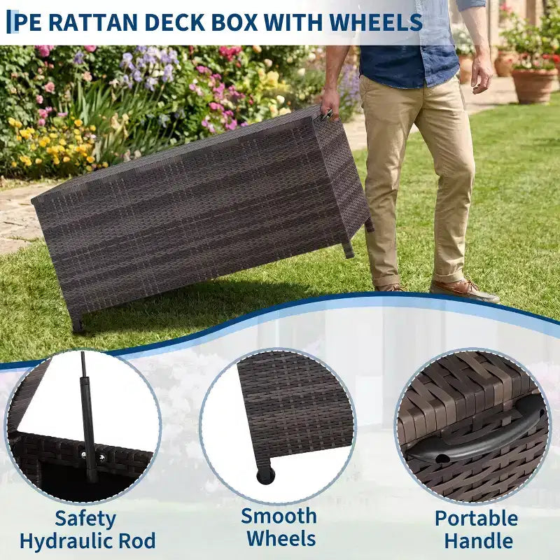 Acekool Coffre de rangement en rotin avec roulettes, couvercle en PP et doublure zippée, pour patio, piscine, jardin