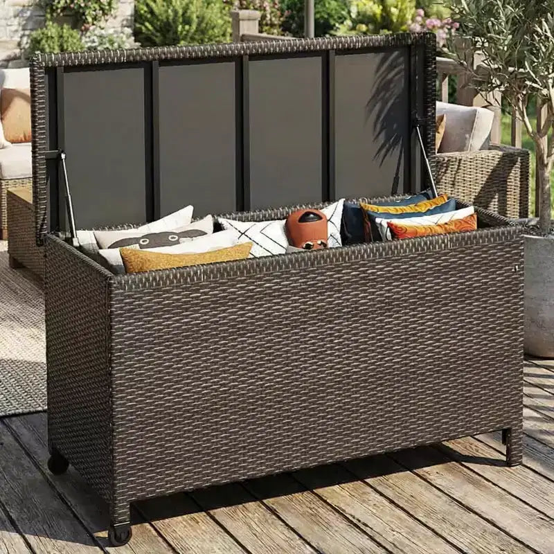 Acekool Coffre de rangement en rotin avec roulettes, couvercle en PP et doublure zippée, pour patio, piscine, jardin