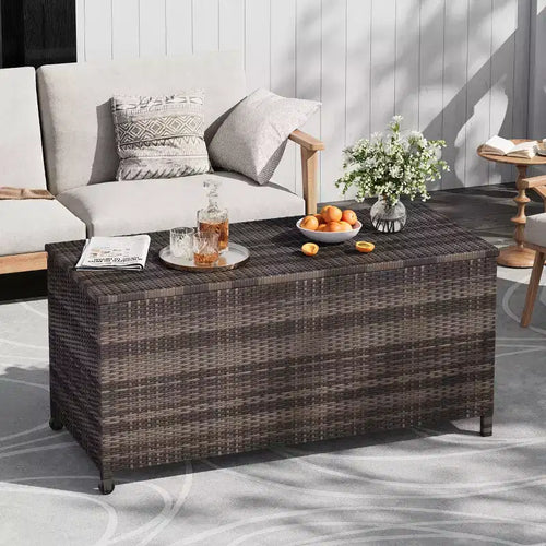 Acekool Rattan Deck Storage Box with Wheels, PP Lid and Zip Liner, for Patio Pool Yard