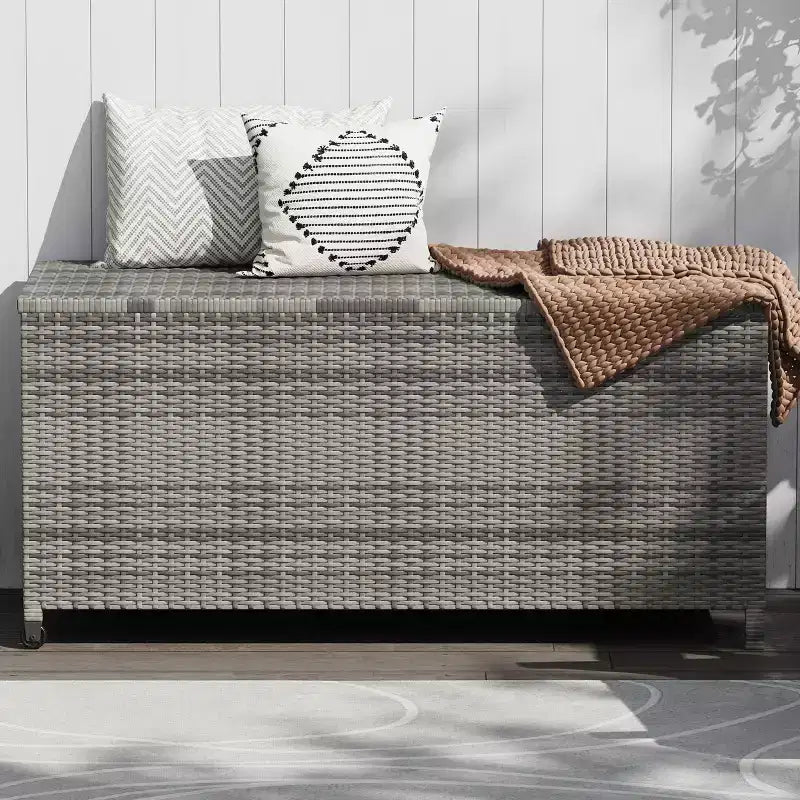 Acekool Coffre de rangement en rotin avec roulettes, couvercle en PP et doublure zippée, pour patio, piscine, jardin