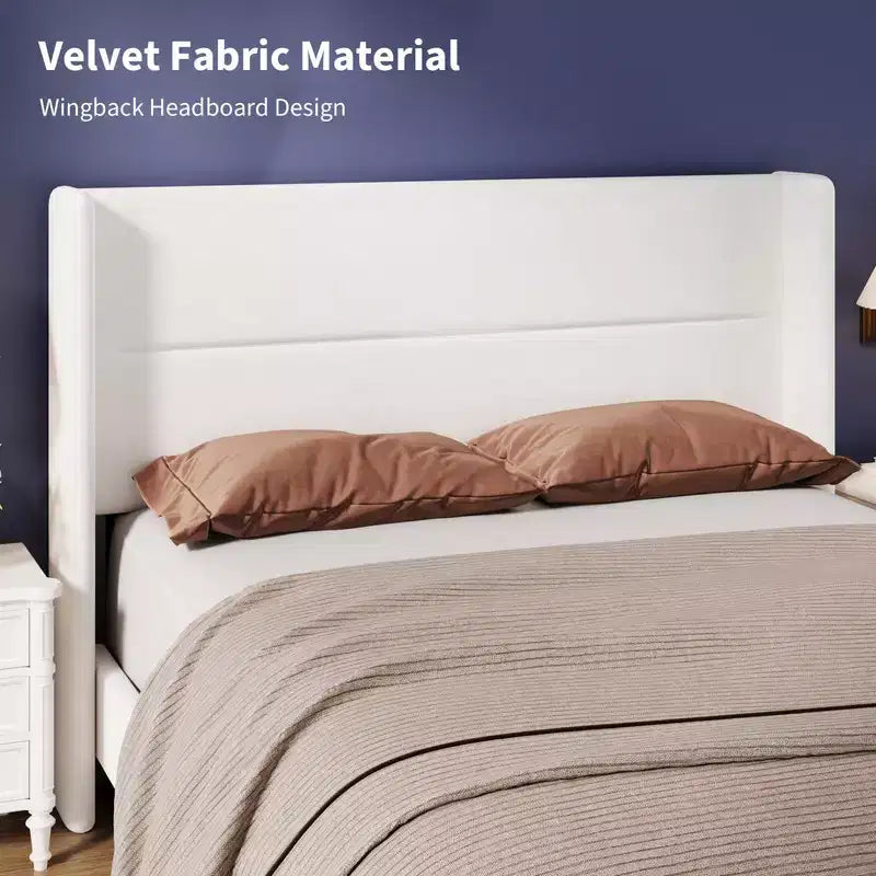 Coolmee Lit plateforme rembourré en velours avec tête de lit touffetée à oreilles, lattes en bois robustes, aucun sommier tapissier requis, assemblage facile