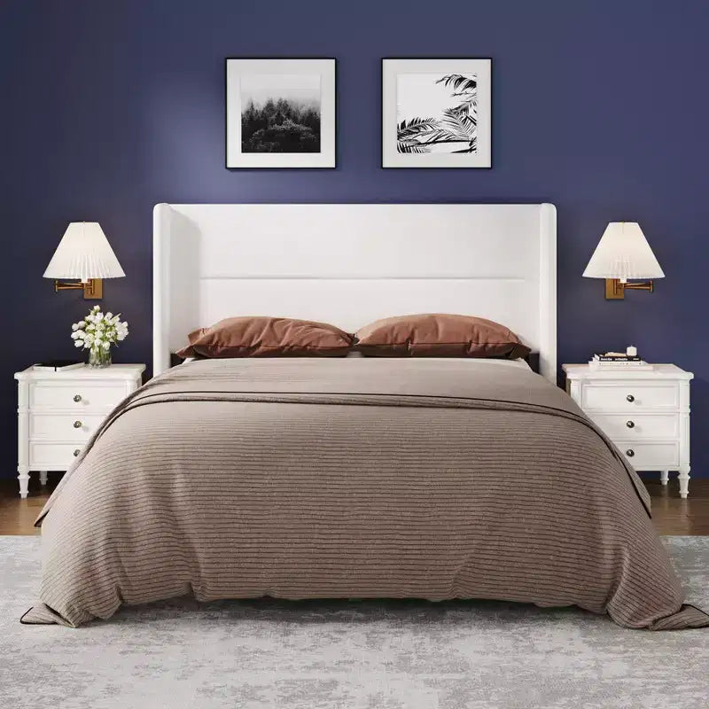 Coolmee Lit plateforme rembourré en velours avec tête de lit touffetée à oreilles, lattes en bois robustes, aucun sommier tapissier requis, assemblage facile