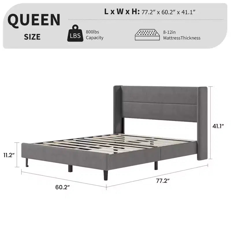 Coolmee Lit plateforme rembourré en velours avec tête de lit touffetée à oreilles, lattes en bois robustes, aucun sommier tapissier requis, assemblage facile
