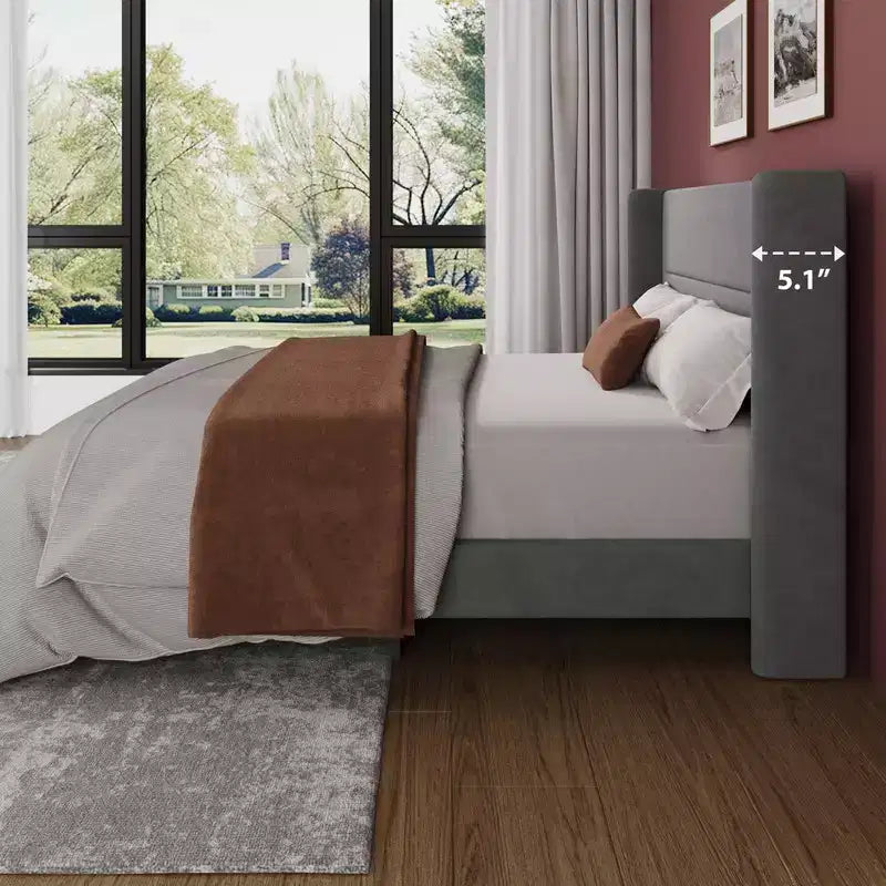 Coolmee Lit plateforme rembourré en velours avec tête de lit touffetée à oreilles, lattes en bois robustes, aucun sommier tapissier requis, assemblage facile