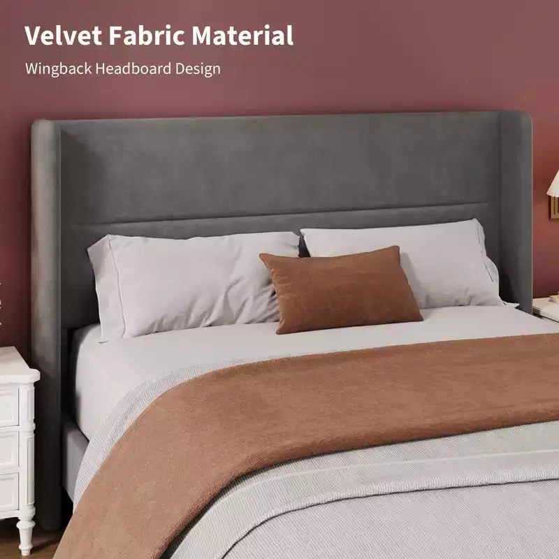 Coolmee Lit plateforme rembourré en velours avec tête de lit touffetée à oreilles, lattes en bois robustes, aucun sommier tapissier requis, assemblage facile