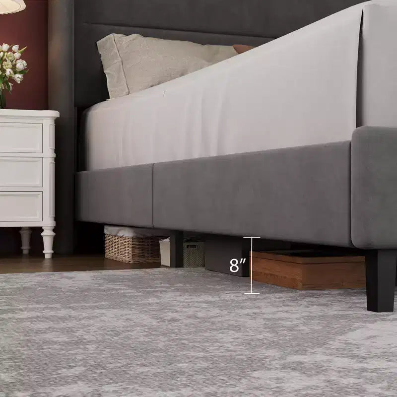 Coolmee Lit plateforme rembourré en velours avec tête de lit touffetée à oreilles, lattes en bois robustes, aucun sommier tapissier requis, assemblage facile