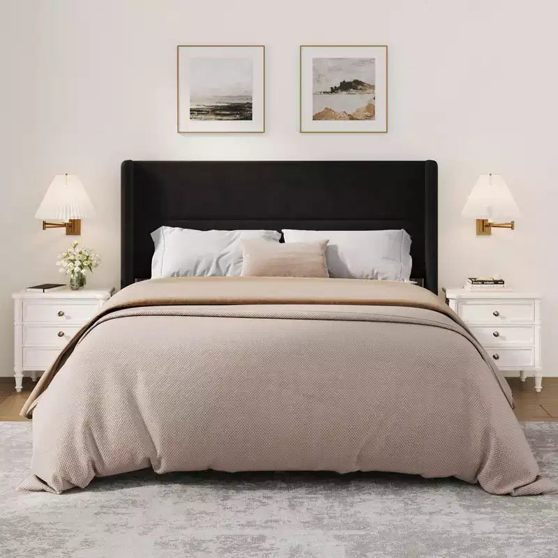 Coolmee Lit plateforme rembourré en velours avec tête de lit touffetée à oreilles, lattes en bois robustes, aucun sommier tapissier requis, assemblage facile