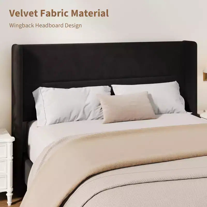 Coolmee Lit plateforme rembourré en velours avec tête de lit touffetée à oreilles, lattes en bois robustes, aucun sommier tapissier requis, assemblage facile