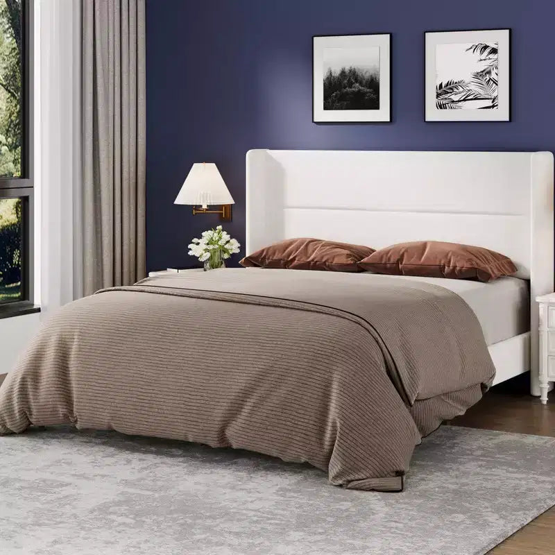 Coolmee Lit plateforme rembourré en velours avec tête de lit touffetée à oreilles, lattes en bois robustes, aucun sommier tapissier requis, assemblage facile