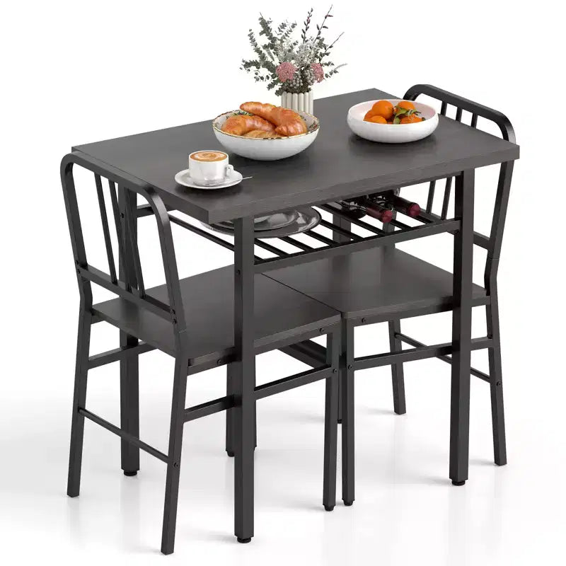 Costway Ensemble Table et Chaises de Salle à Manger Rectangulaire 3 Pièces Coin Repas en Bois avec Étagère de Rangement Gris et Noir