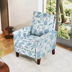 Costway Fauteuil d'appoint floral 1/2 pièce avec pieds en bois massif et dossier haut Coussins épais et confortables Bleu/Beige