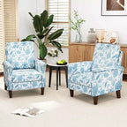 Costway Fauteuil d'appoint floral 1/2 pièce avec pieds en bois massif et dossier haut Coussins épais et confortables Bleu/Beige