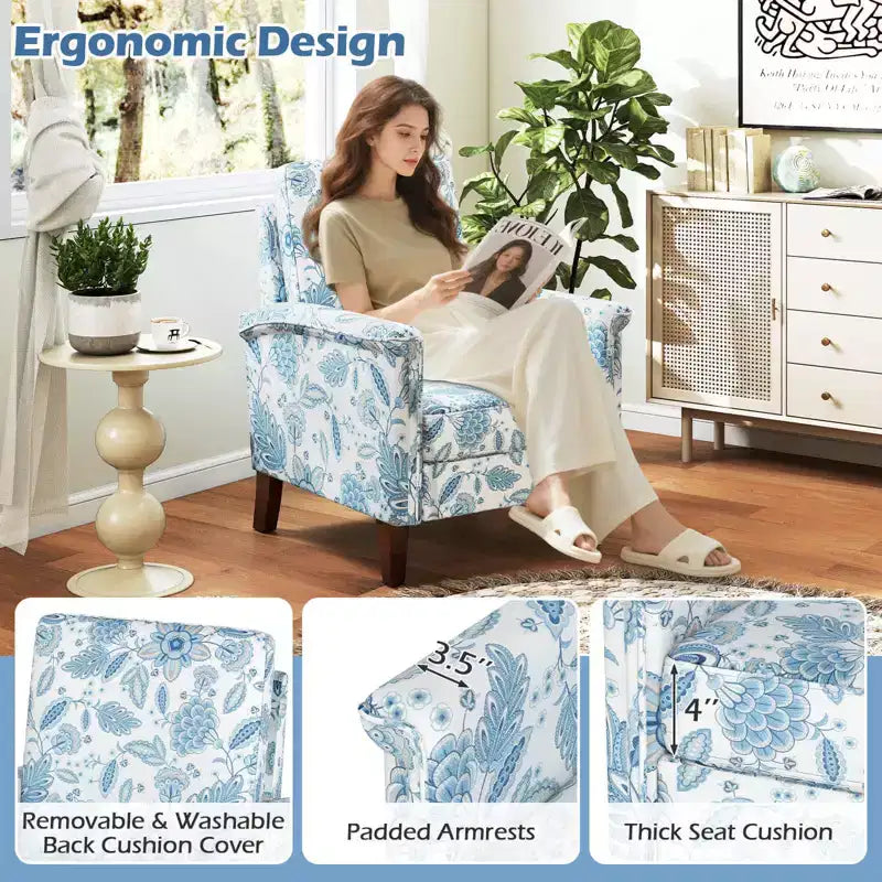 Costway Fauteuil d'appoint floral 1/2 pièce avec pieds en bois massif et dossier haut Coussins épais et confortables Bleu/Beige