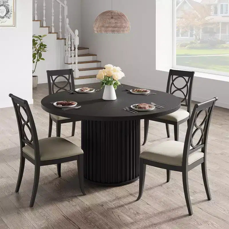 Table de salle à manger ronde industrielle de 47 pouces, table de cuisine noire pour 4 à 6 personnes avec piétement piédestal en métal ondulé, table circulaire moderne pour salle à manger