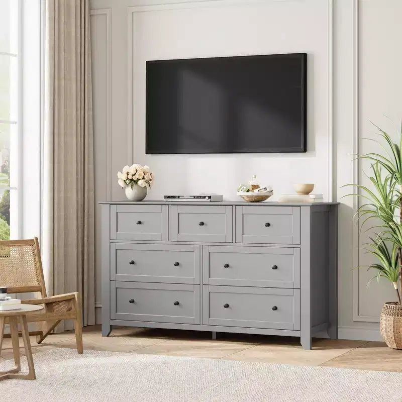 Commode à 7 tiroirs pour chambre à coucher, commode en bois de 54 po de large avec poignées en métal, organisateur de rangement pour vêtements, meuble TV pour entrée, chambre à coucher