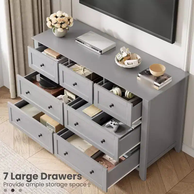 Commode à 7 tiroirs pour chambre à coucher, commode en bois de 54 po de large avec poignées en métal, organisateur de rangement pour vêtements, meuble TV pour entrée, chambre à coucher