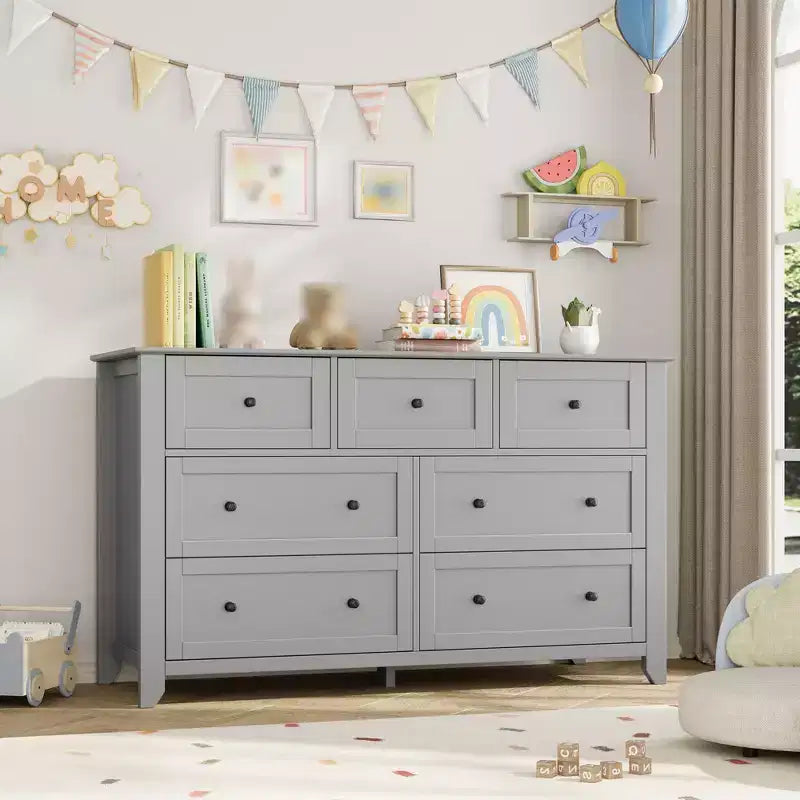 Commode à 7 tiroirs pour chambre à coucher, commode en bois de 54 po de large avec poignées en métal, organisateur de rangement pour vêtements, meuble TV pour entrée, chambre à coucher