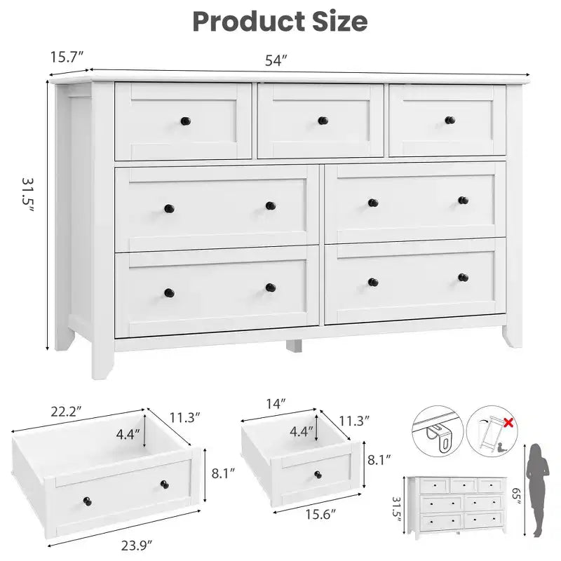 Commode à 7 tiroirs pour chambre à coucher, commode en bois de 54 po de large avec poignées en métal, organisateur de rangement pour vêtements, meuble TV pour entrée, chambre à coucher