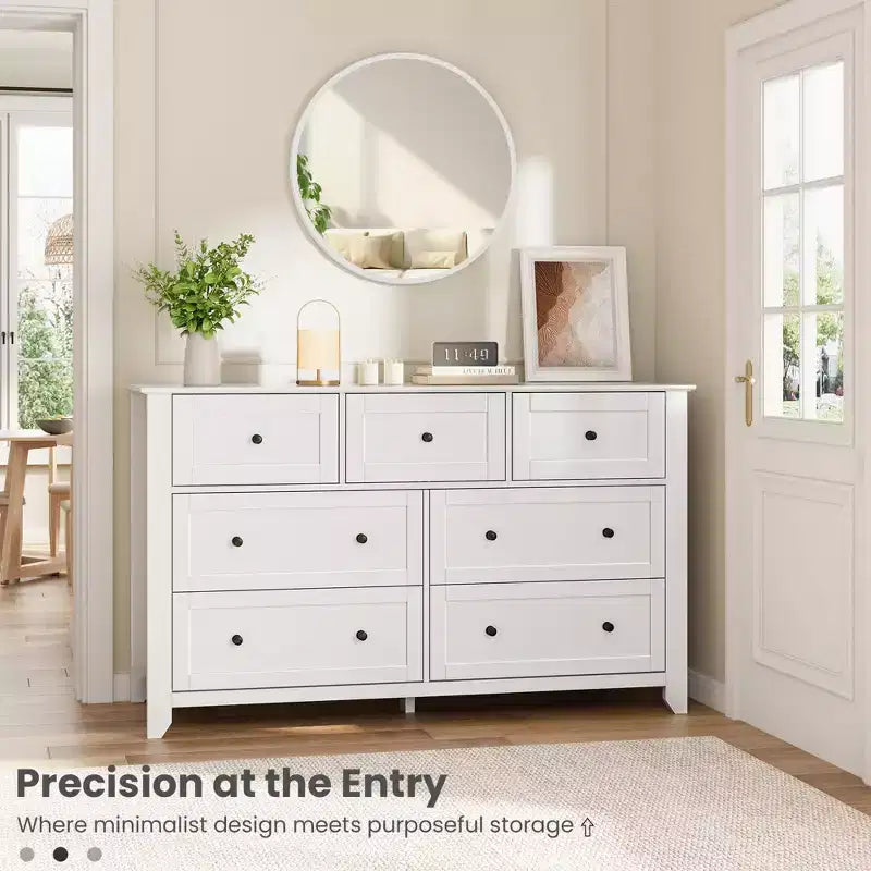 Commode à 7 tiroirs pour chambre à coucher, commode en bois de 54 po de large avec poignées en métal, organisateur de rangement pour vêtements, meuble TV pour entrée, chambre à coucher