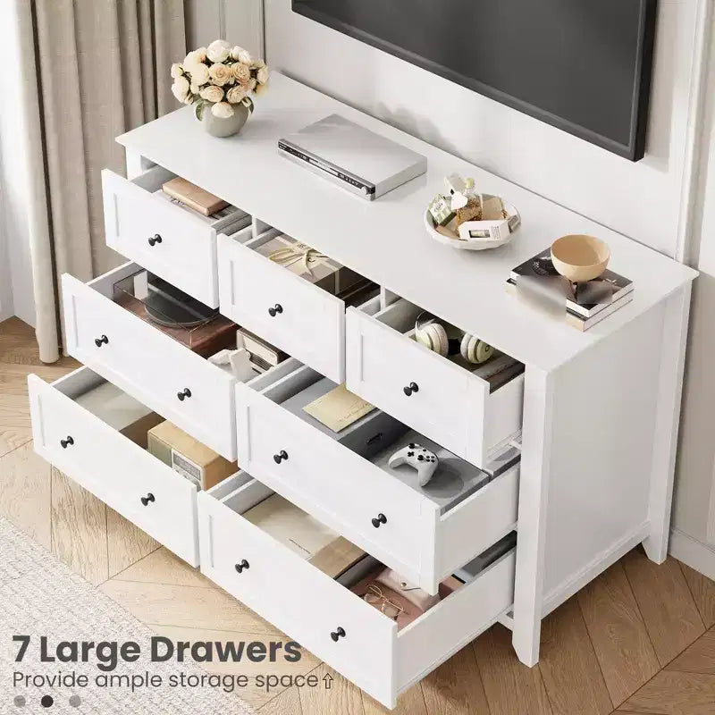 Commode à 7 tiroirs pour chambre à coucher, commode en bois de 54 po de large avec poignées en métal, organisateur de rangement pour vêtements, meuble TV pour entrée, chambre à coucher