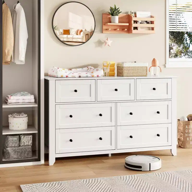 Commode à 7 tiroirs pour chambre à coucher, commode en bois de 54 po de large avec poignées en métal, organisateur de rangement pour vêtements, meuble TV pour entrée, chambre à coucher