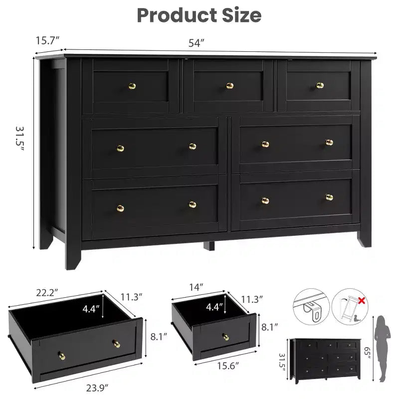 Commode à 7 tiroirs pour chambre à coucher, commode en bois de 54 po de large avec poignées en métal, organisateur de rangement pour vêtements, meuble TV pour entrée, chambre à coucher