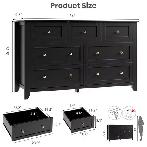 Commode à 7 tiroirs pour chambre à coucher, commode en bois de 54 po de large avec poignées en métal, organisateur de rangement pour vêtements, meuble TV pour entrée, chambre à coucher
