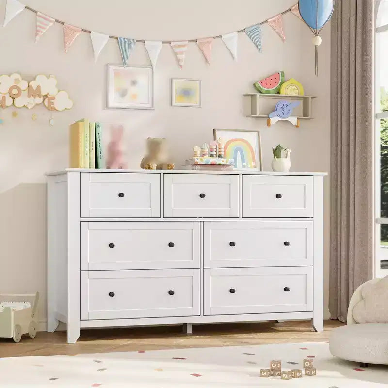 Commode à 7 tiroirs pour chambre à coucher, commode en bois de 54 po de large avec poignées en métal, organisateur de rangement pour vêtements, meuble TV pour entrée, chambre à coucher