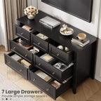 Commode à 7 tiroirs pour chambre à coucher, commode en bois de 54 po de large avec poignées en métal, organisateur de rangement pour vêtements, meuble TV pour entrée, chambre à coucher